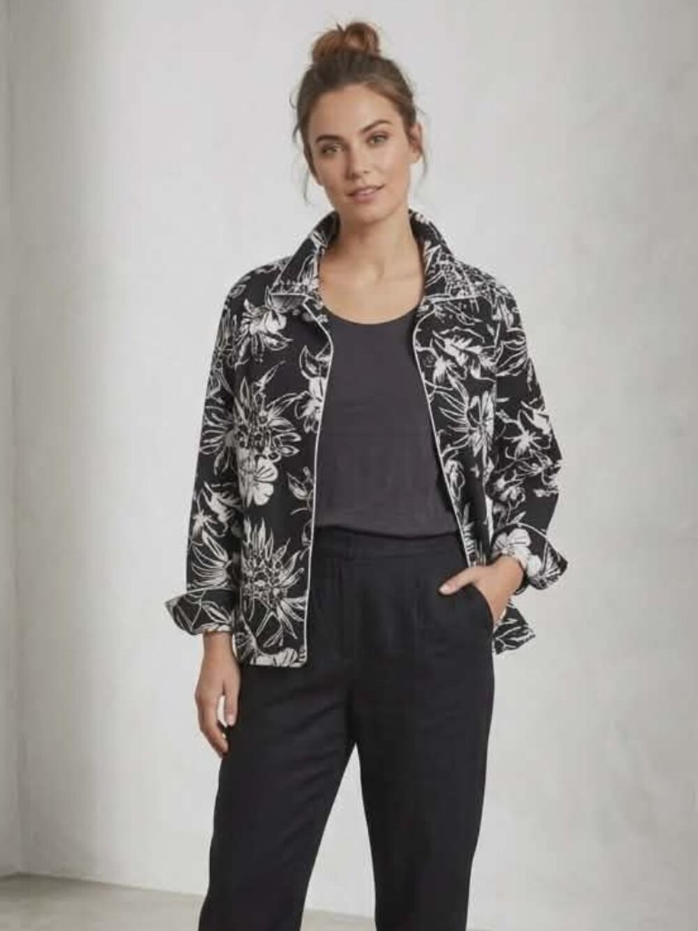 Black White Tropical Hawaiian Floral Print Cotton Shirt Jacket| 14P | Nygard